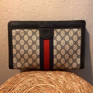 Gucci Beige Monogram Clutch with Red and Blue Stripe